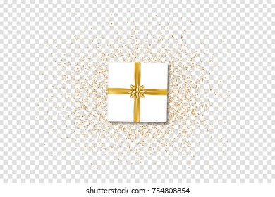 Vector realistic isolated gift box with golden ribbon and confetti for decoration and covering on the transparent background.