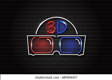 Vector realistic isolated glowing neon retro sign of 3D glasses for decoration and covering. Concept of cinema.