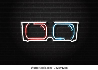 Vector realistic isolated glowing neon sign of 3D glasses for decoration and covering. Concept of cinema.
