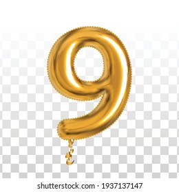 Vector realistic isolated golden balloon number of 9 for invitation decoration on the transparent background.