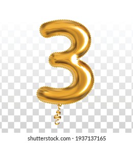 Vector realistic isolated golden balloon number of 3 for invitation decoration on the transparent background.