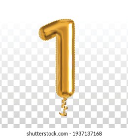 Vector realistic isolated golden balloon number of 1 for invitation decoration on the transparent background.