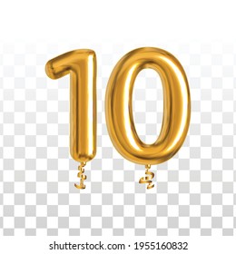 Vector realistic isolated golden balloon number of 10 for invitation decoration on the transparent background.