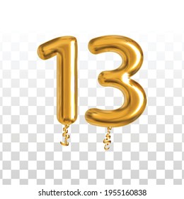 Vector realistic isolated golden balloon number of 13 for invitation decoration on the transparent background.