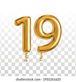 Vector realistic isolated golden balloon number of 19 for invitation decoration on the transparent background.