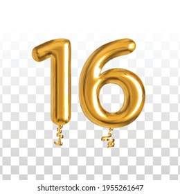 Vector realistic isolated golden balloon number of 16 for invitation decoration on the transparent background.