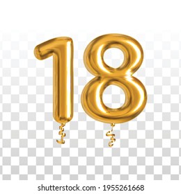 Vector realistic isolated golden balloon number of 18 for invitation decoration on the transparent background.