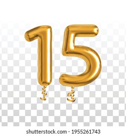 Vector realistic isolated golden balloon number of 15 for invitation decoration on the transparent background.