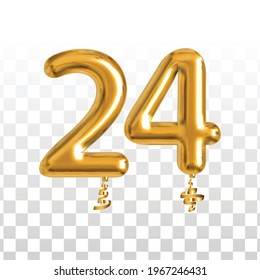 Vector realistic isolated golden balloon number of 24 for invitation decoration on the transparent background.