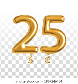 Vector realistic isolated golden balloon number of 25 for invitation decoration on the transparent background.