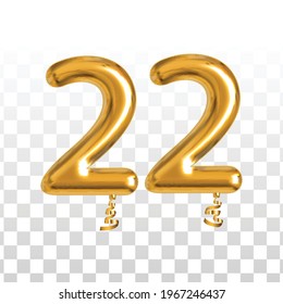 Vector realistic isolated golden balloon number of 22 for invitation decoration on the transparent background.