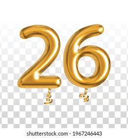 Vector realistic isolated golden balloon number of 26 for invitation decoration on the transparent background.