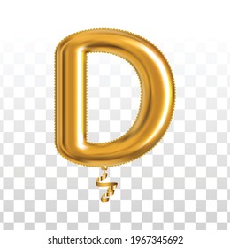 Vector realistic isolated golden balloon letter D on the transparent background.