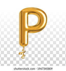 Vector realistic isolated golden balloon letter P on the transparent background.