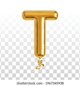 Vector realistic isolated golden balloon letter T on the transparent background.