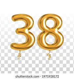 Vector realistic isolated golden balloon number of 38 for invitation decoration on the transparent background.