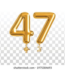 Vector realistic isolated golden balloon number of 47 for invitation decoration on the transparent background.