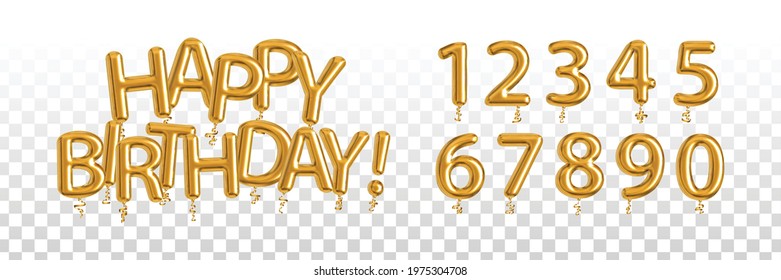 Vector realistic isolated golden balloon text of Happy Birthday with set of numbers on the transparent background. Concept of celebration and anniversary.