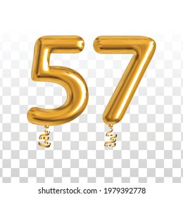 Vector realistic isolated golden balloon number of 57 for invitation decoration on the transparent background.