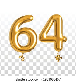 Vector de globo dorado aislado realista número 64 para la decoración de invitación sobre el fondo transparente.