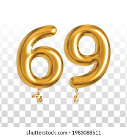 Vektor-realistischer, isolierter goldener Ballon Nummer von 69 für Einladung Dekoration auf transparentem Hintergrund.