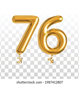 Vector realistic isolated golden balloon number of 76 for invitation decoration on the transparent background.