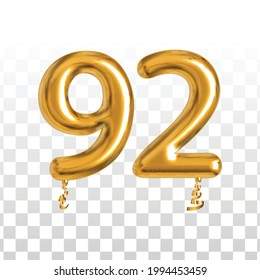 Vector de globo dorado aislado realista número 92 para la decoración de invitación sobre el fondo transparente.
