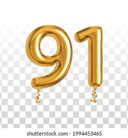 Vector realistic isolated golden balloon number of 91 for invitation decoration on the transparent background.