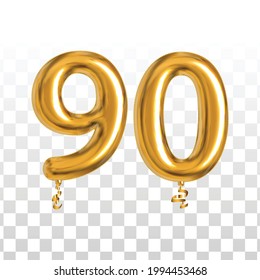 Vector realistas globo dorado aislado número 90 para la decoración de invitación sobre el fondo transparente.