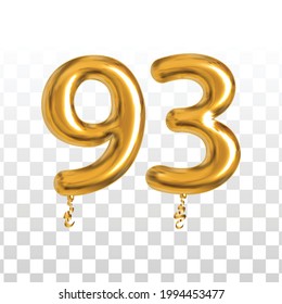 Vector realistic isolated golden balloon number of 93 for invitation decoration on the transparent background.