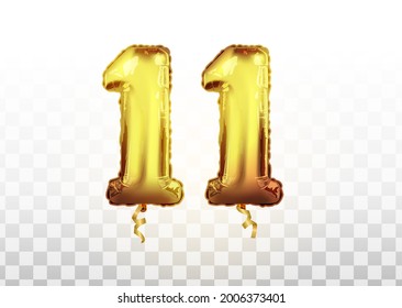 Vector realistic isolated golden balloon number of 11 for invitation decoration on the transparent background. Vector realistic anniversary celebrating golden ballons number 11