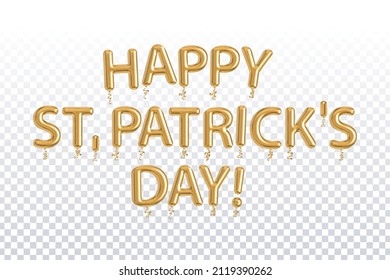 Vector realistic isolated golden balloon text of Happy St. Patrick's Day on the transparent background.