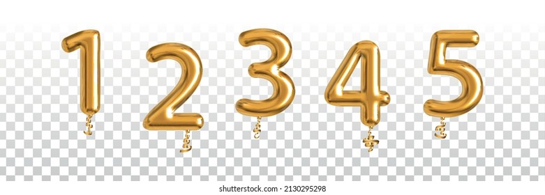 Vector realistic isolated golden balloon of 1, 2, 3, 4 and 5 on the transparent background.