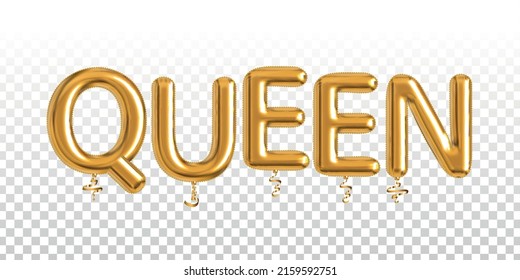 Vector realistic isolated golden balloon text of Queen on the transparent background.