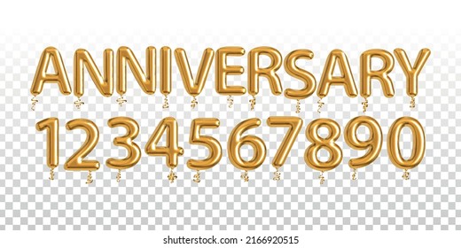 Vector realistic isolated golden balloon text of Anniversary with numbers on the transparent background.