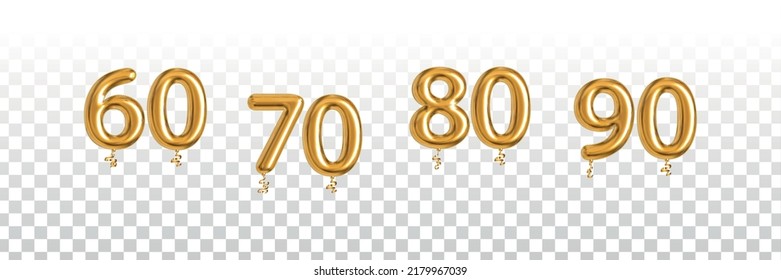 Vector realistic isolated golden balloon of 60, 70, 80 and 90 on the transparent background.