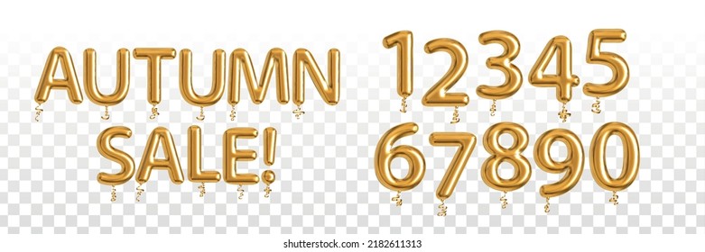 Vector realistic isolated golden balloon text of Autumn Sale with numbers on the transparent background.