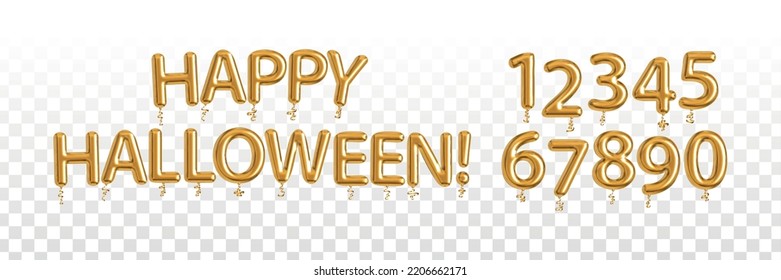 Vector realistic isolated golden balloon text of Happy Halloween with numbers on the transparent background.