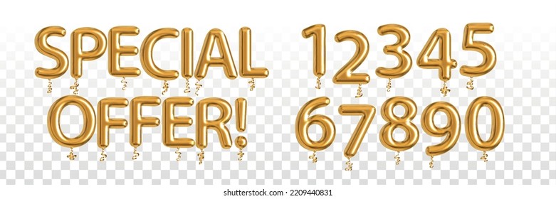 Vector realistic isolated golden balloon text of Special Offer with numbers on the transparent background.