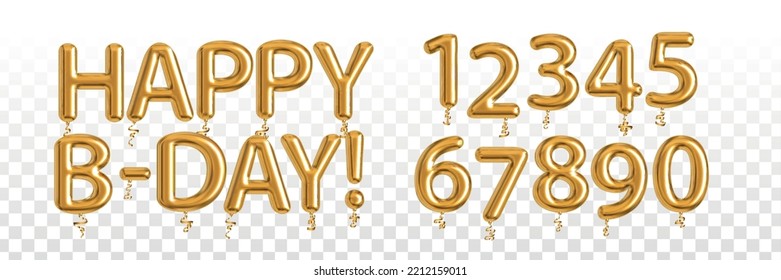 Vector realistic isolated golden balloon text of Happy Birthday and numbers on the transparent background.