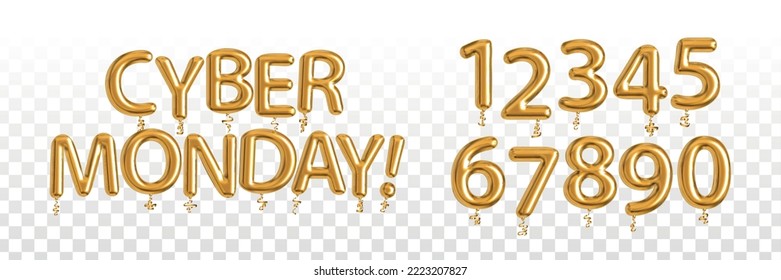 Vector realistic isolated golden balloon text of Cyber Monday with numbers on the transparent background.