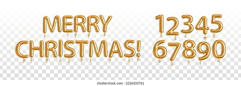 Vector realistic isolated golden balloon text of Merry Christmas with numbers on the transparent background.