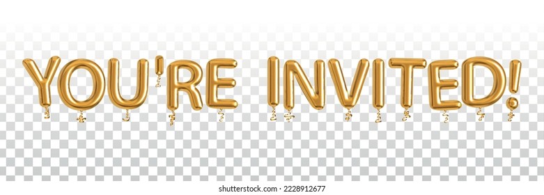 Vector realistic isolated golden balloon text of You Are Invited on the transparent background.