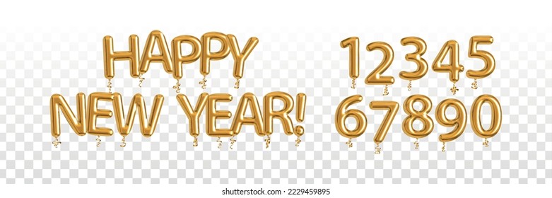 Vector realistic isolated golden balloon text of Happy New Year with numbers on the transparent background.