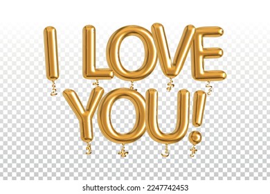 Vector realistic isolated golden balloon text of I Love You on the transparent background. Concept of Happy Valentine's Day.