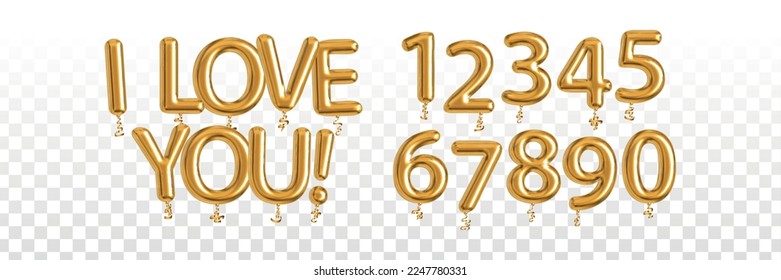 Vektorrealistischer, isolierter goldener Ballontext von I Love You mit Zahlen auf transparentem Hintergrund. Konzept des Valentinstag.