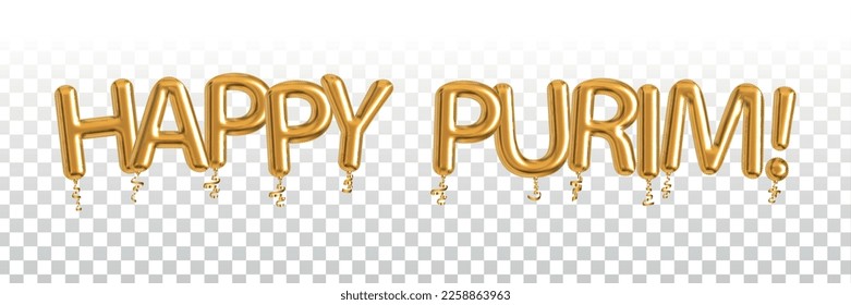 Vector realistic isolated golden balloon text of Happy Purim on the transparent background.