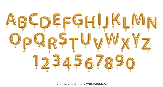 Vector realistic isolated golden balloon font alphabet and numbers on white background.