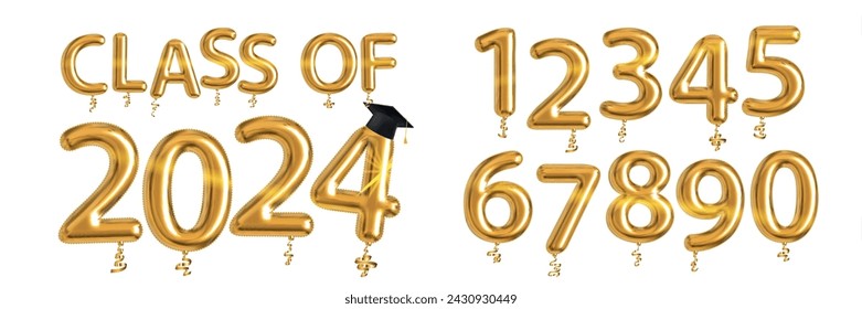 Vector realistic isolated golden balloon text of Class of 2024 with set of numbers on white background.