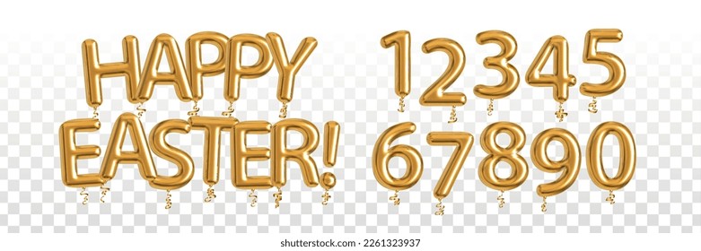 Vector realistic isolated golden balloons text of Happy Easter with numbers on the transparent background.